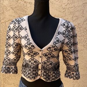 Free People Beige and Black Geometric Cropped Knit V-Neck Cardigan